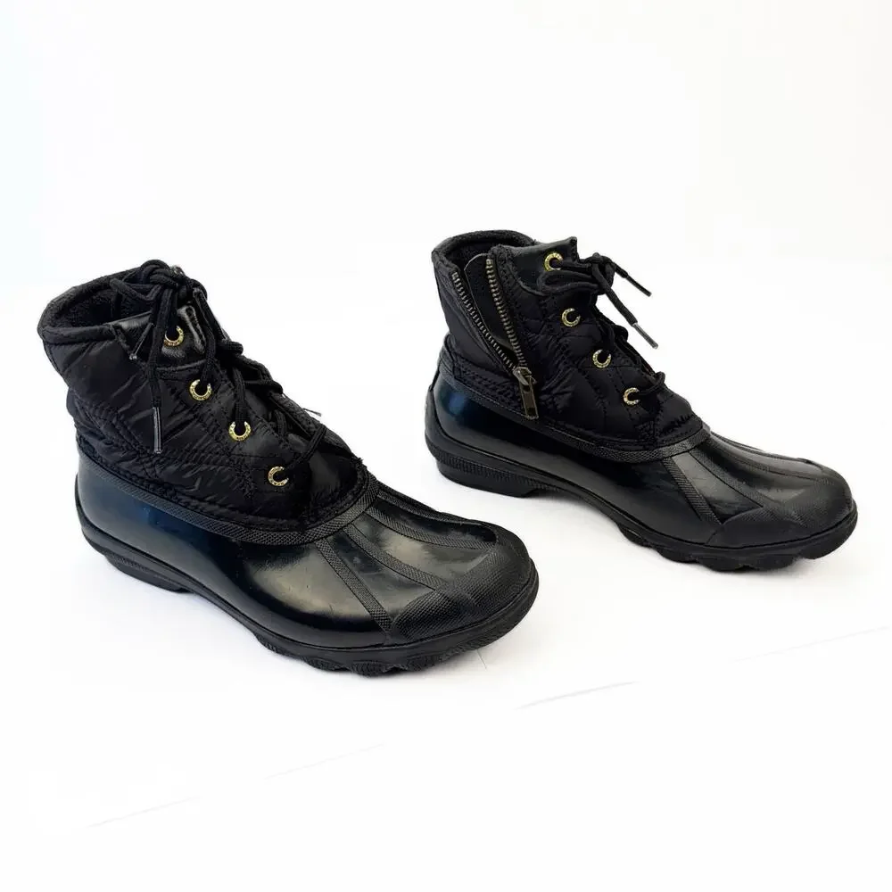 Sperry Black Waterproof Rubber‎ Nylon Quilted Lace Up Gulf Duck Fleece Boots 7M